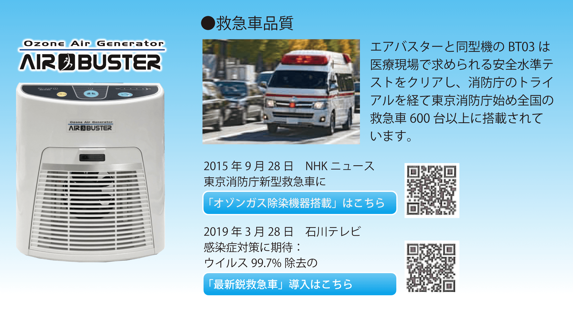 AIR BUSTER 救急車品質 エアバスターと同型機のBT03は医療現場で求められる安全水準テストをクリアし、消防庁のトライアルを経て東京消防庁始め全国の救急車600台以上に搭載されています。